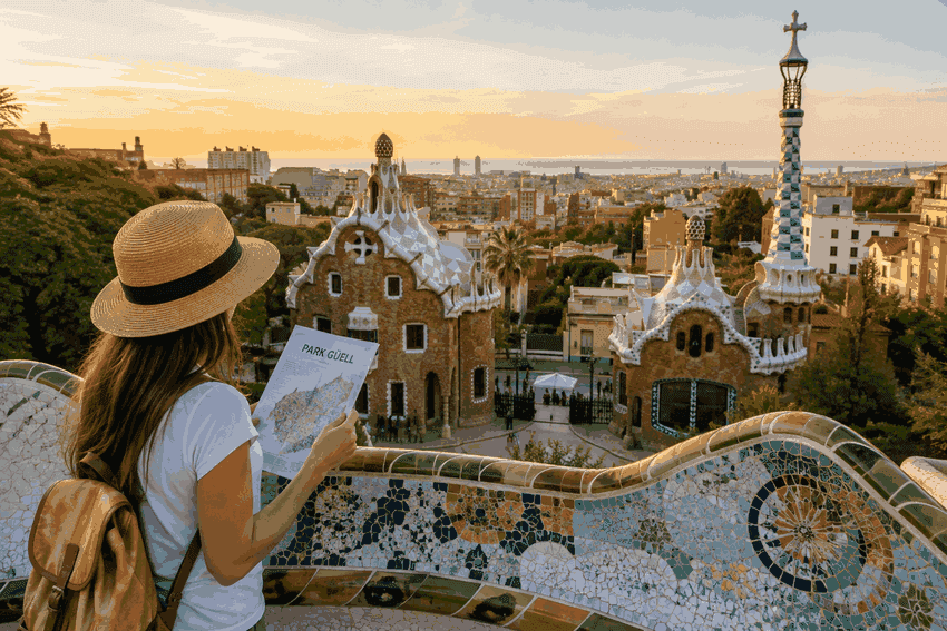 Visitor exploring Park Güell in Barcelona with Gaudí’s colorful mosaic bench and iconic architecture in the background.