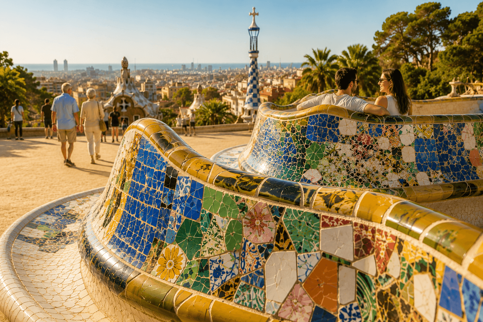 Visitors on the mosaic staircase at Park Güell