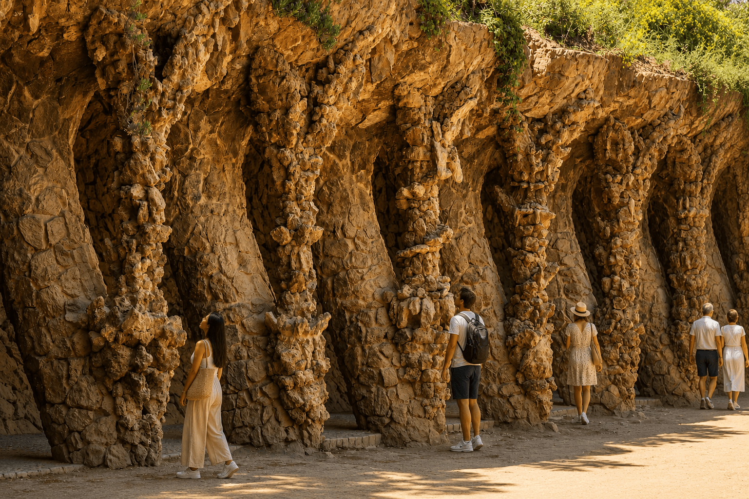 Gingerbread-style gatehouses at Park Güell entrance